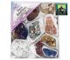 Mini coffret assortiment contenant 10 à 12 améthystes Aura et autres minéraux. 95 x 80 x 40 mm.