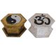 Wooden storage boxes with Ohm or Yinyang symbol.