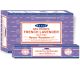 Satya French Lavender aus der Competitive-Serie von Nag Champa, verpackt in einer Schachtel mit 12 x 15 Gramm.