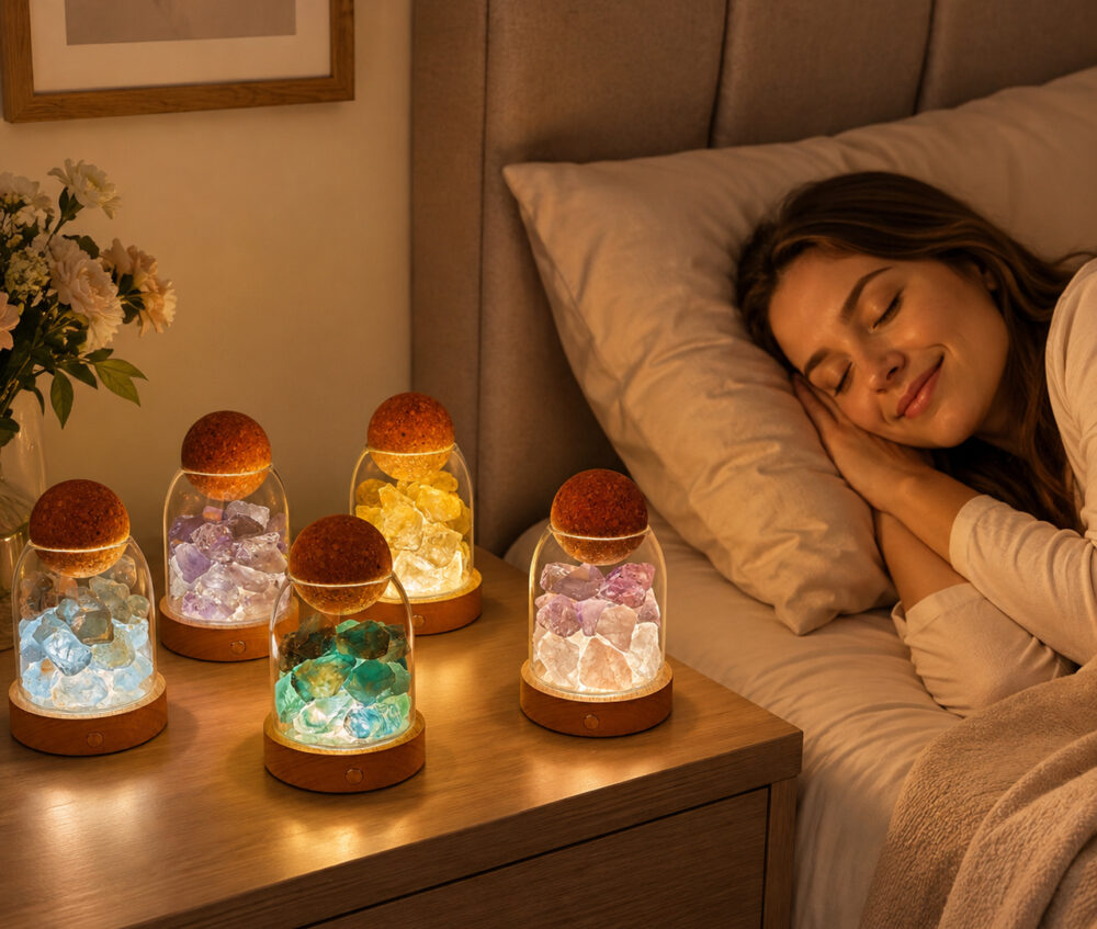 Set van 5 Nachtlampje met echte edelstenen. Voor gebruik met geurolie voor relaxed slapen. (Prijs per lampje)