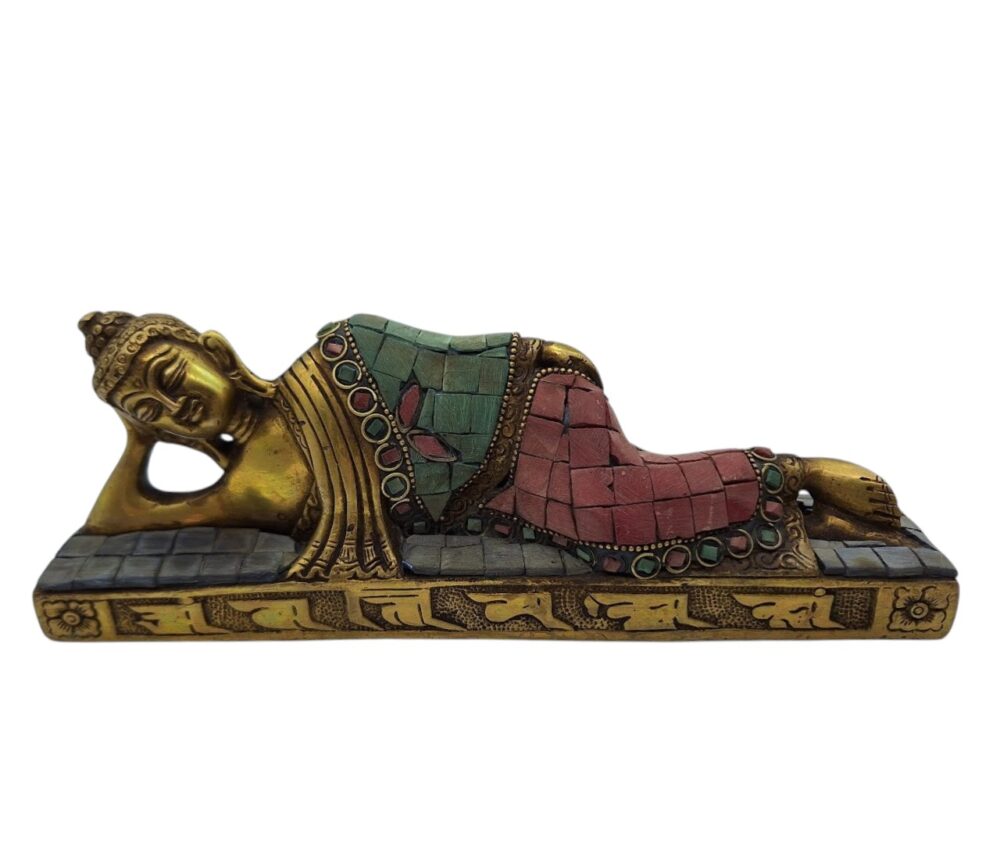 Classic Reclining Buddha from Nepal with Turquoise, Coral, and Lapis Lazuli.