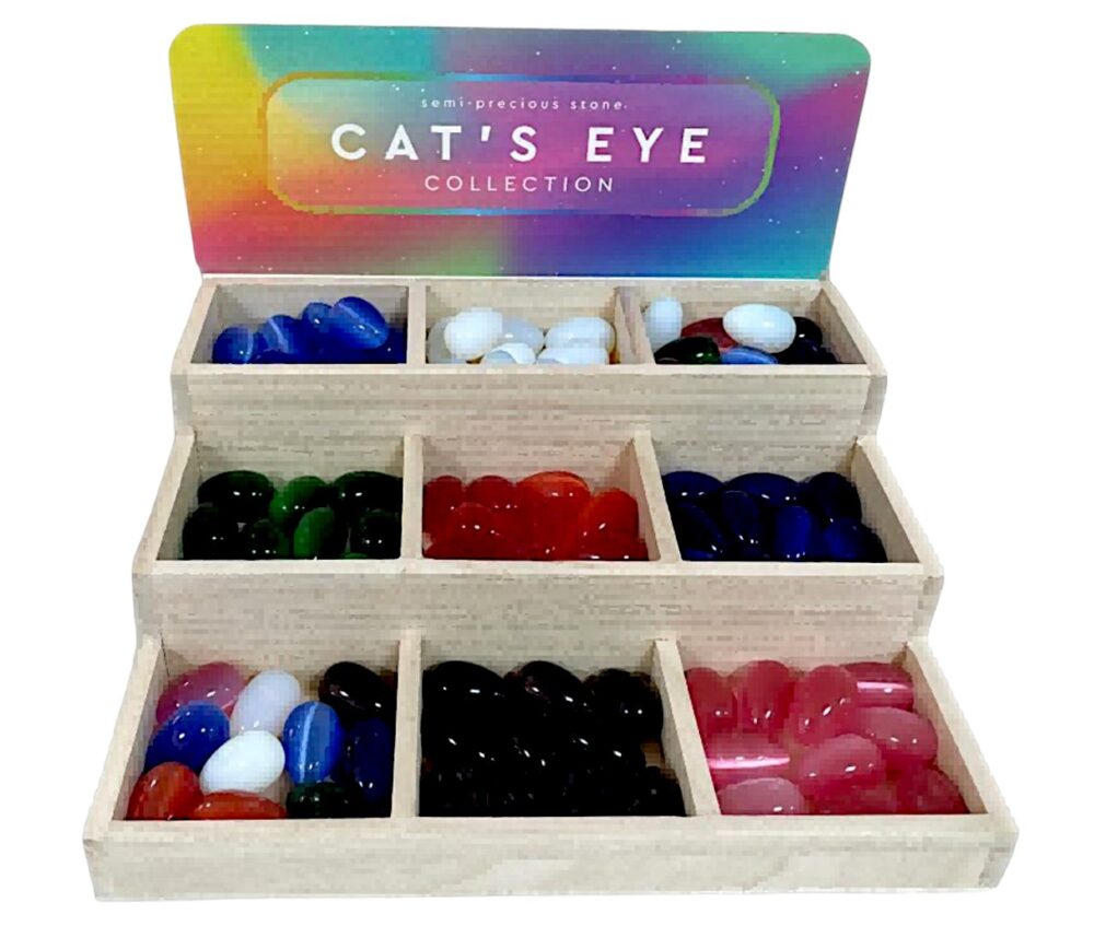 Cat's Eye Collection wooden display – complete set with 90 cat's eye eggs of 30 × 20 mm.