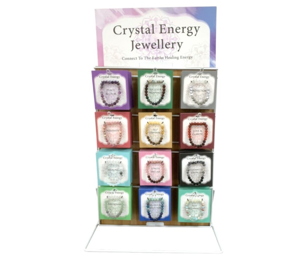 Présentoir Crystal Energy – ensemble complet avec 72 bracelets en pierres précieuses.