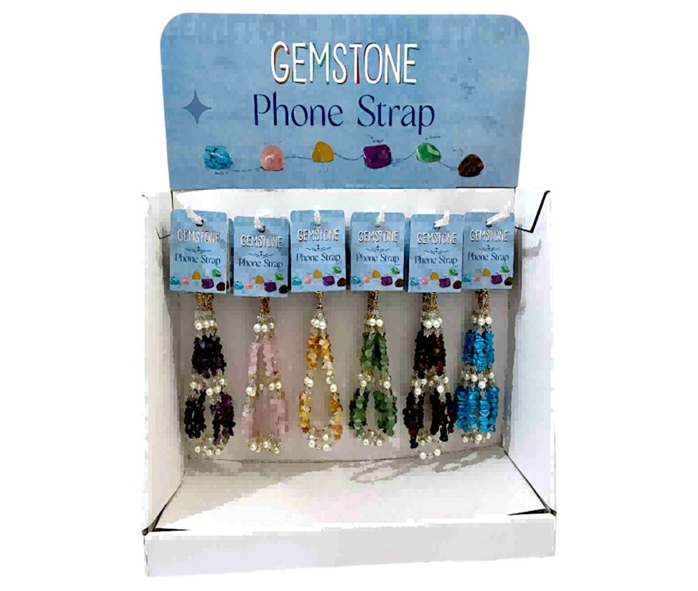 Gemstone Phone Strap display – complete collection with 36 gemstone phone straps.