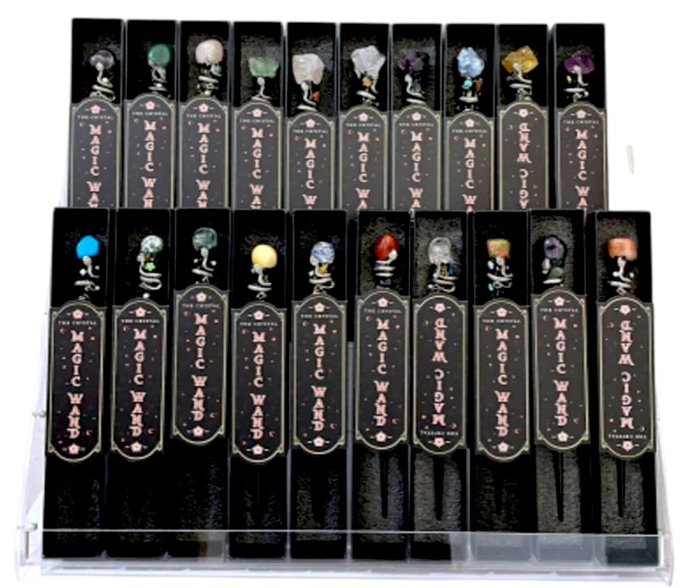 Magic wand – handmade magic wand of real gemstones in a luxury acrylic display.
