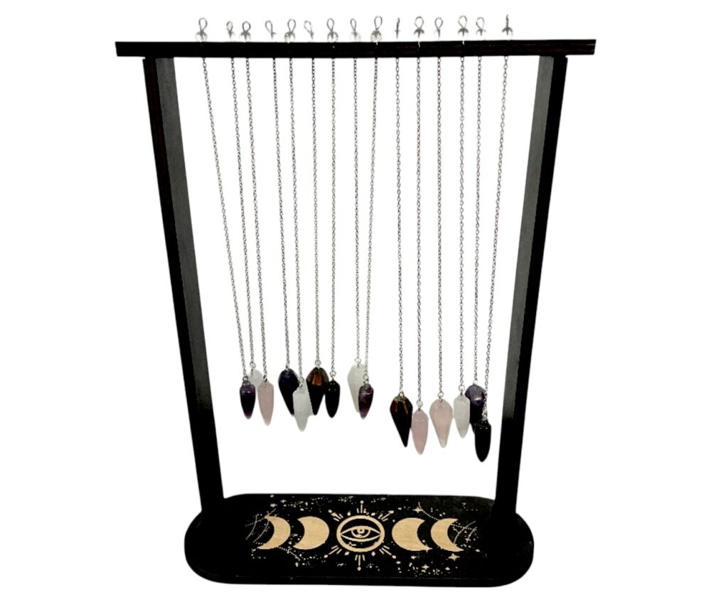 Gemstone pendulum display – rock crystal, amethyst and rose quartz