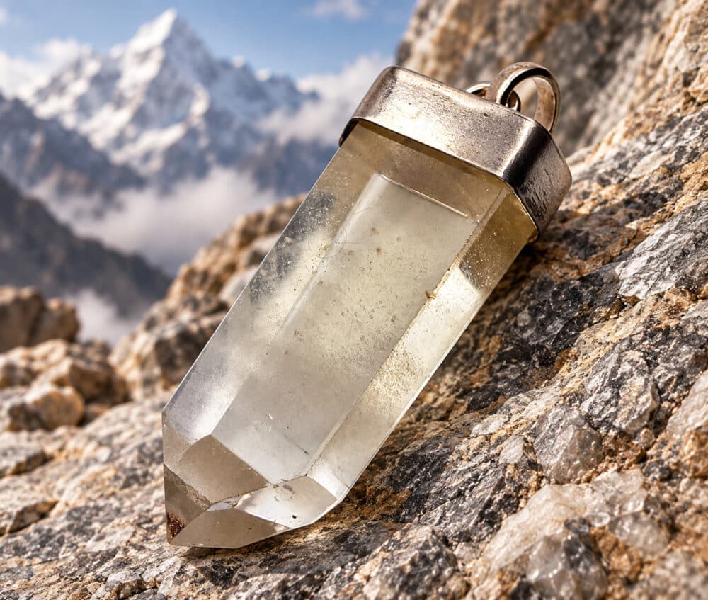 Pendentif en cristal de roche avec fantômes du Tibet – 45 mm.