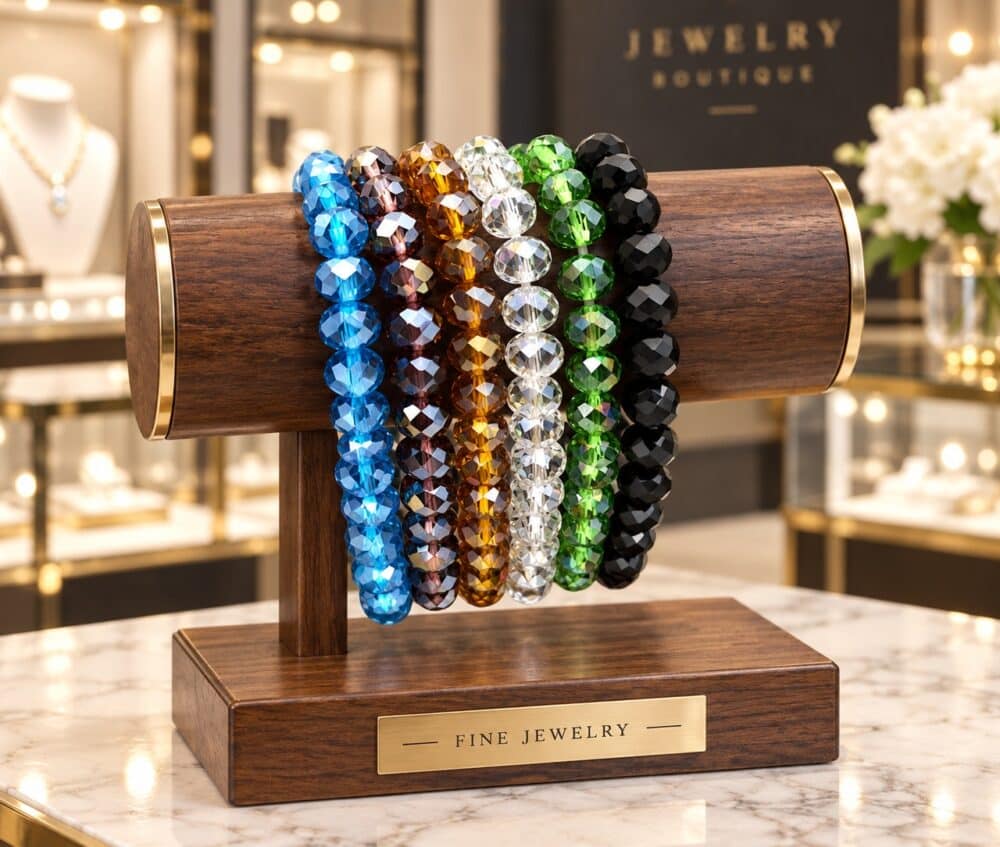 Facetgeslepen armbanden in 6 edelsteenlooks – verpakt per 12 stuks.