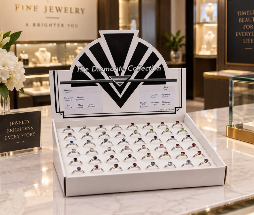Ringkollektion mit facettierten Zirkonia-Geburtssteinen.