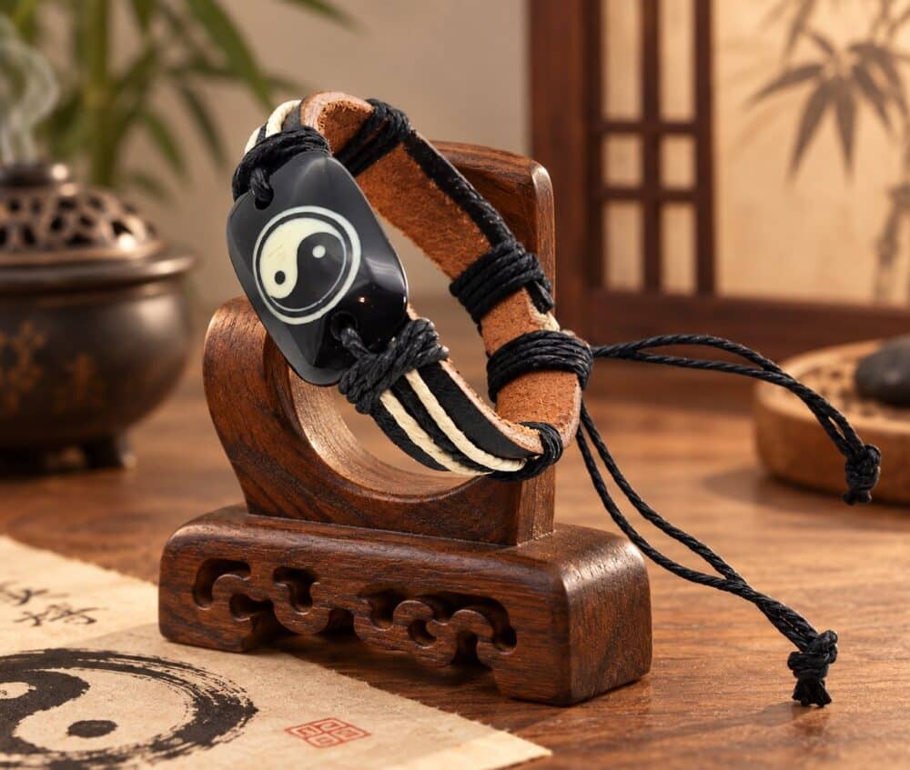 Leather yin-yang bracelet – handmade in Nepal.