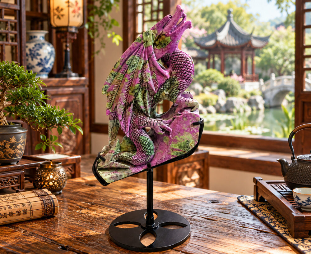 Sugilite-Drache auf schwarzem Metallsockel (hohe Ausführung).