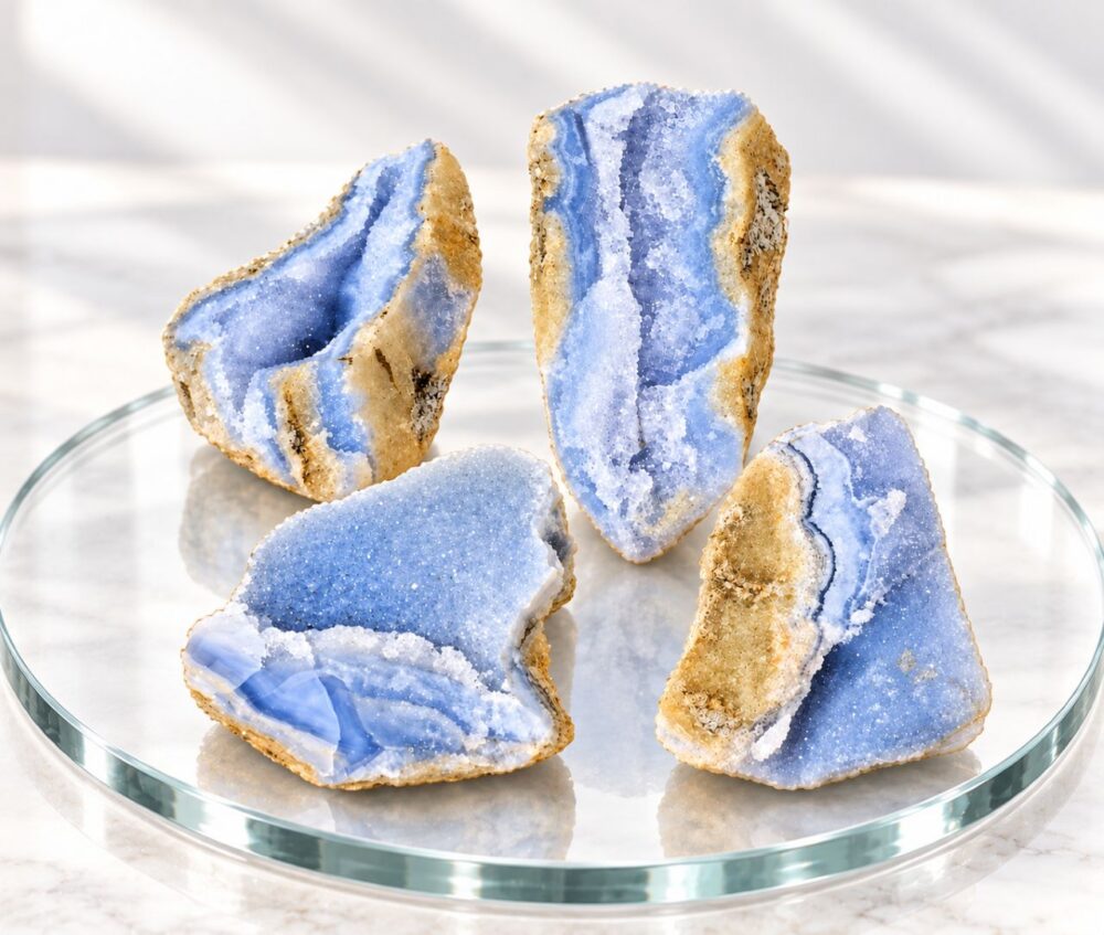 Blauer Chalcedon „Bluiew Storm“ aus Namibia.