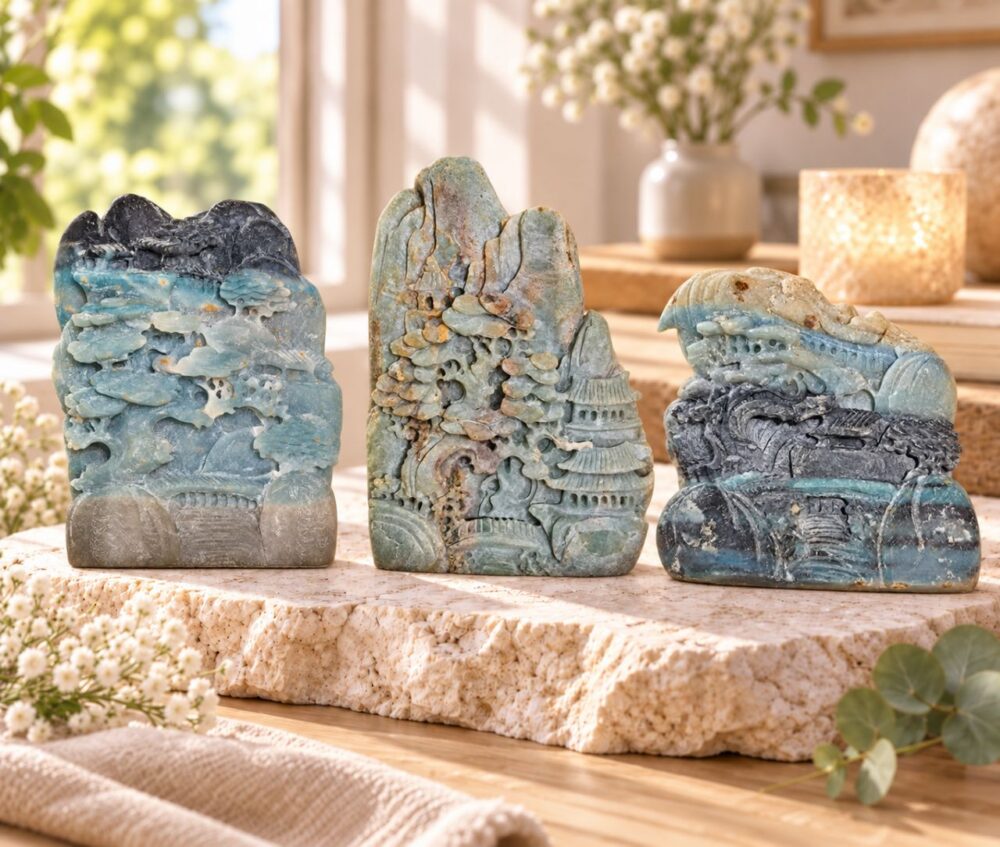 Exceptional Chinese landscape carvings 90-130 mm in Amazonite.