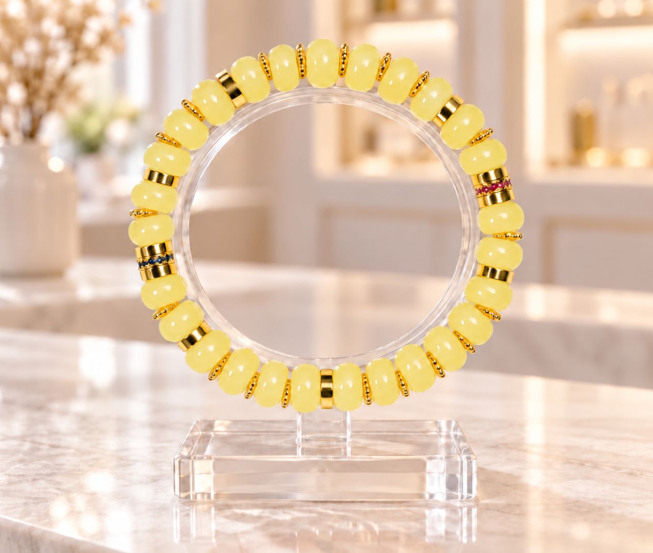 Heishi geel armband 150 op houten standaard
