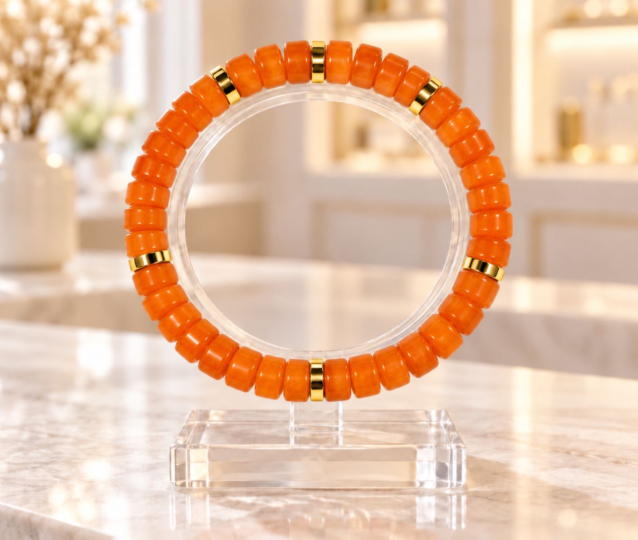 Heishi oranje armband 150 op houten standaard