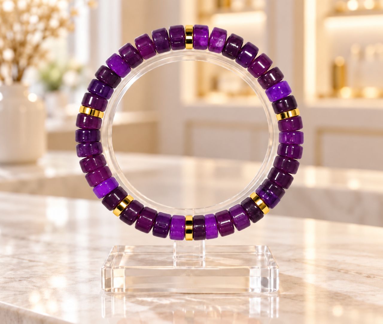 Heishi purple bracelet 150 on wooden stand