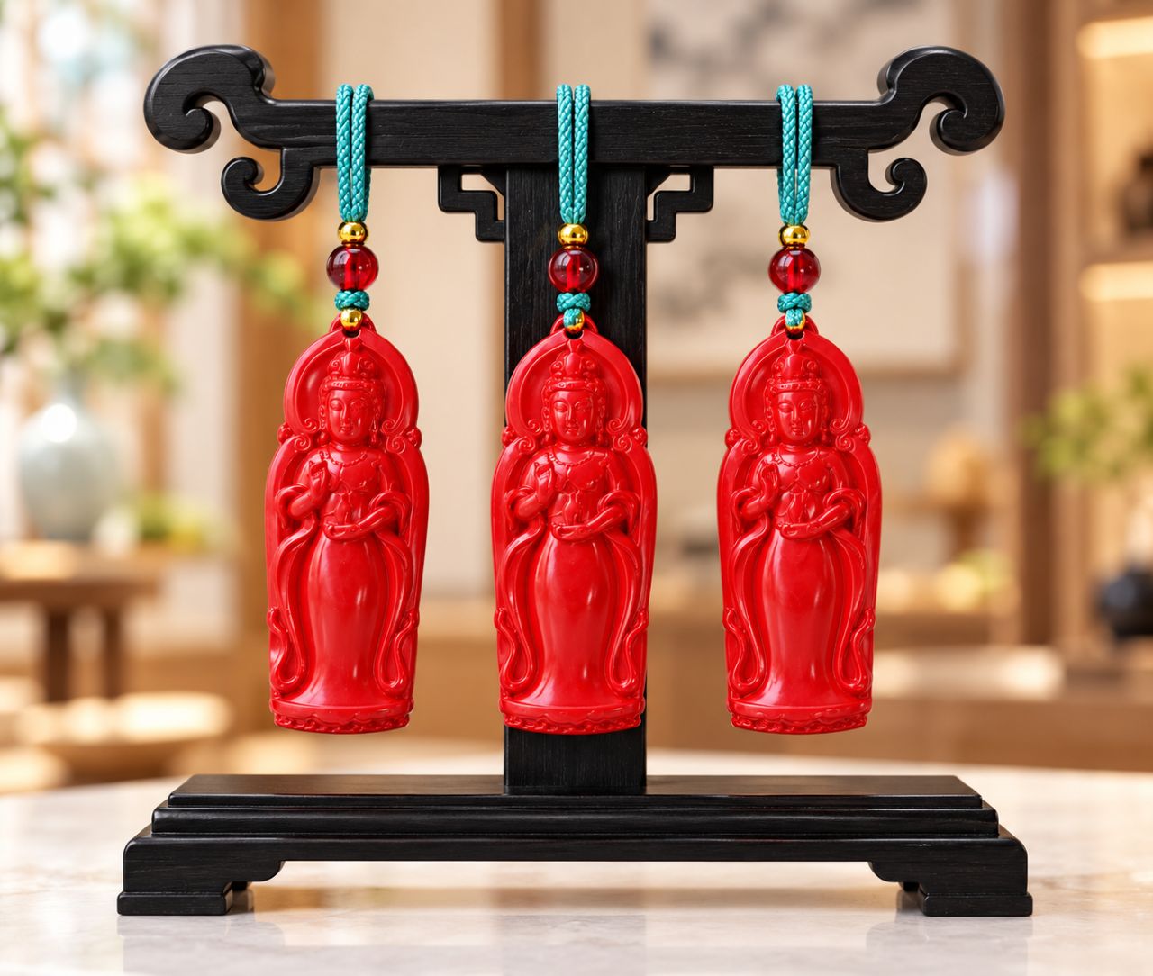 Pendentifs Bouddha rouge 0148 sur support en bois