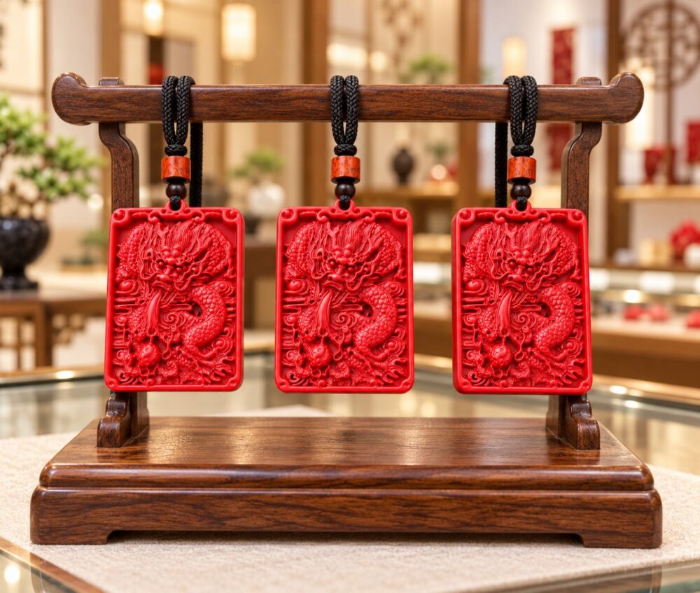 Pendentif dragon en grès rouge.