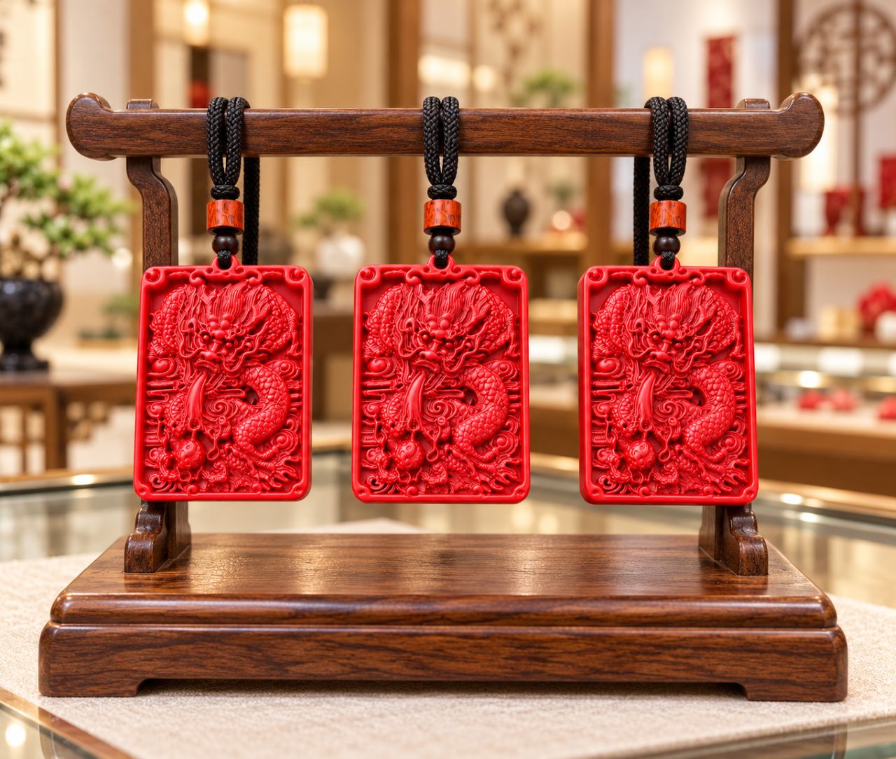 Pendentifs dragon rouge 0146 sur support en bois