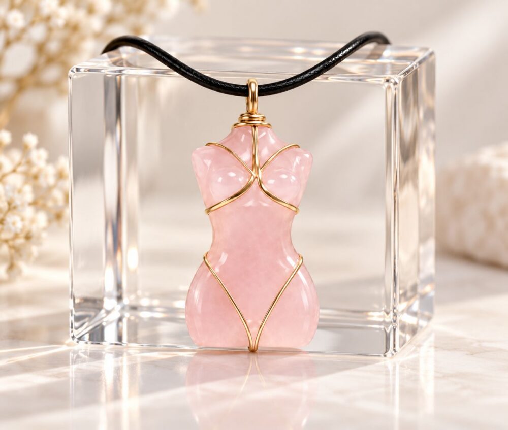 Pendentif buste de luxe pour femme, en quartz rose de Madagascar.
