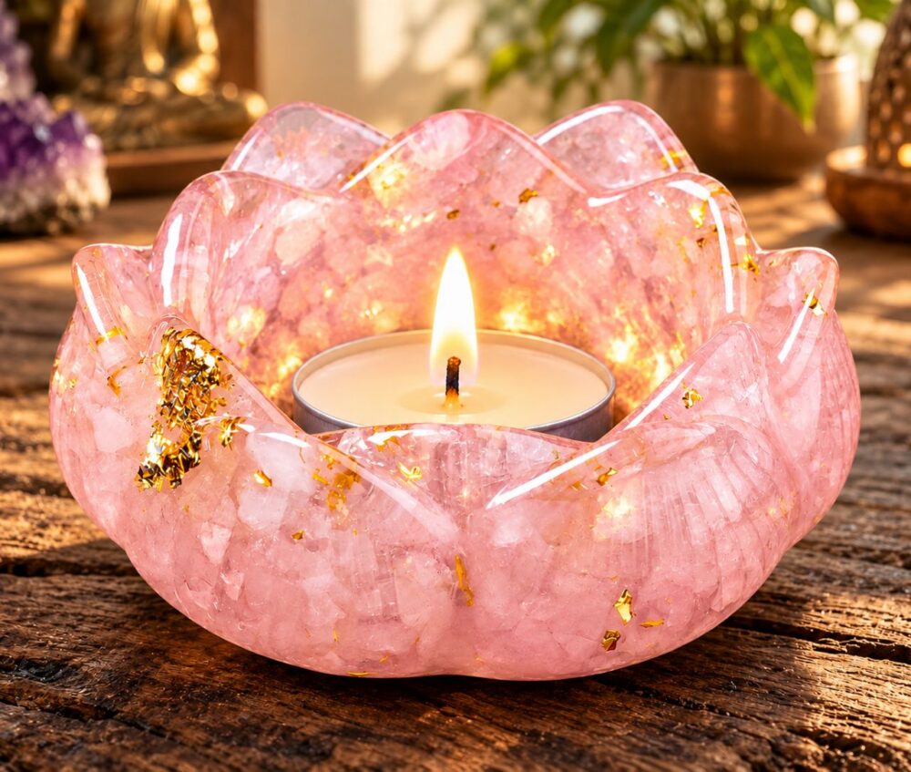 Lotus-Teelichthalter aus Rosenquarz und Orgonit mit echten Goldflocken.