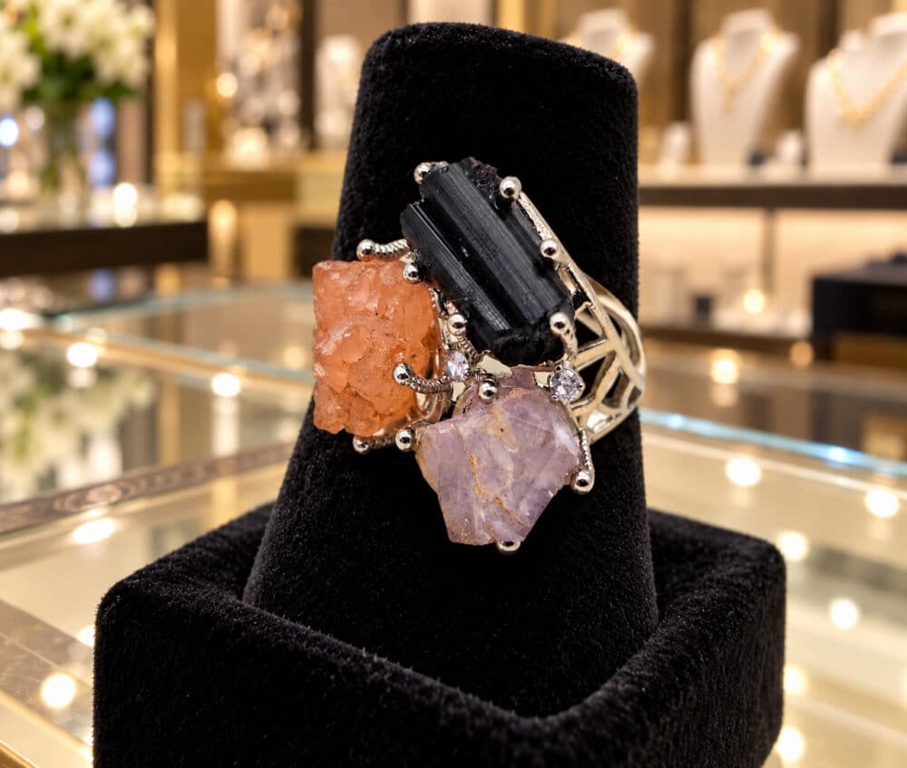 Ring with black tourmaline, amethyst and tangerine rock crystal