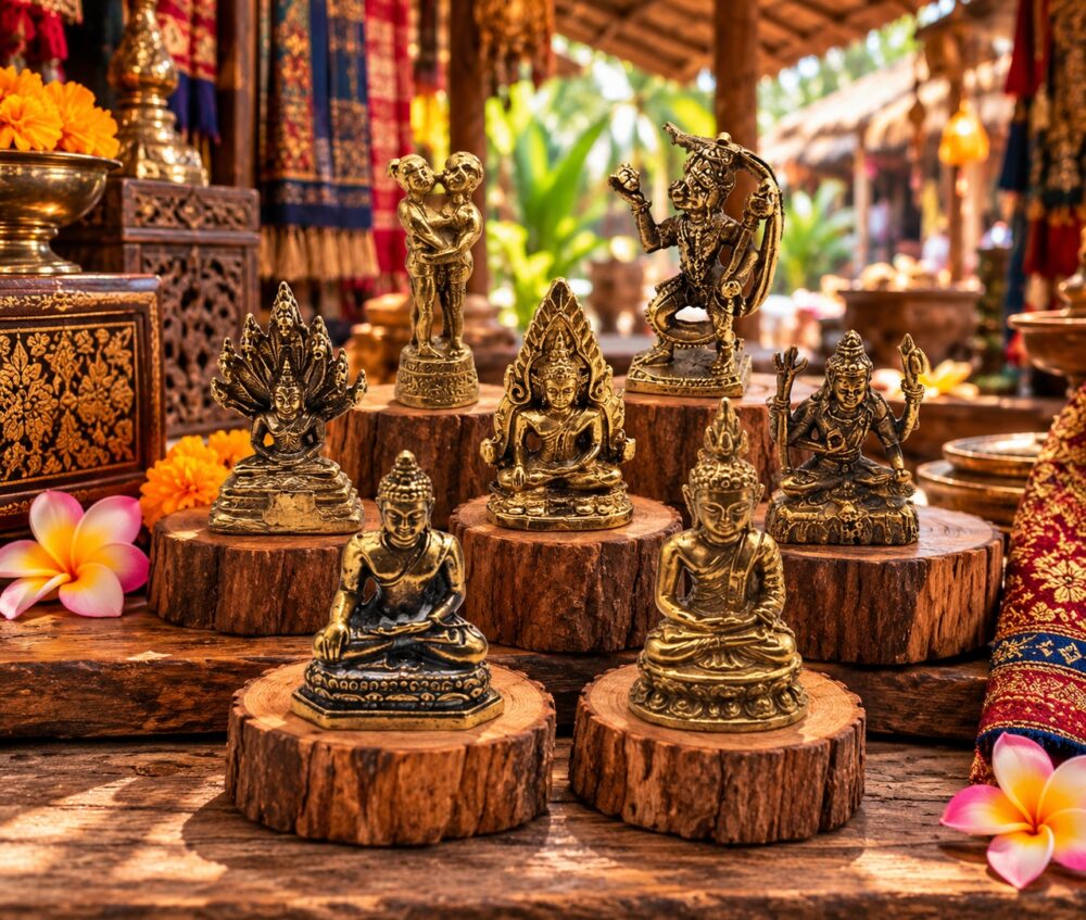 Bronzen mini Boeddha’s en Thaise geluksamuletten.